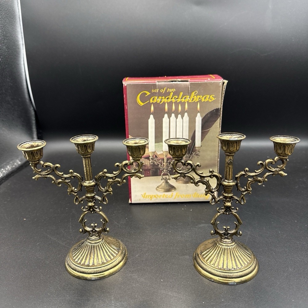 Vintage Brass Tone Mini Candelabra 3 Arm Candle Holders 5" Tall Made in Italy
